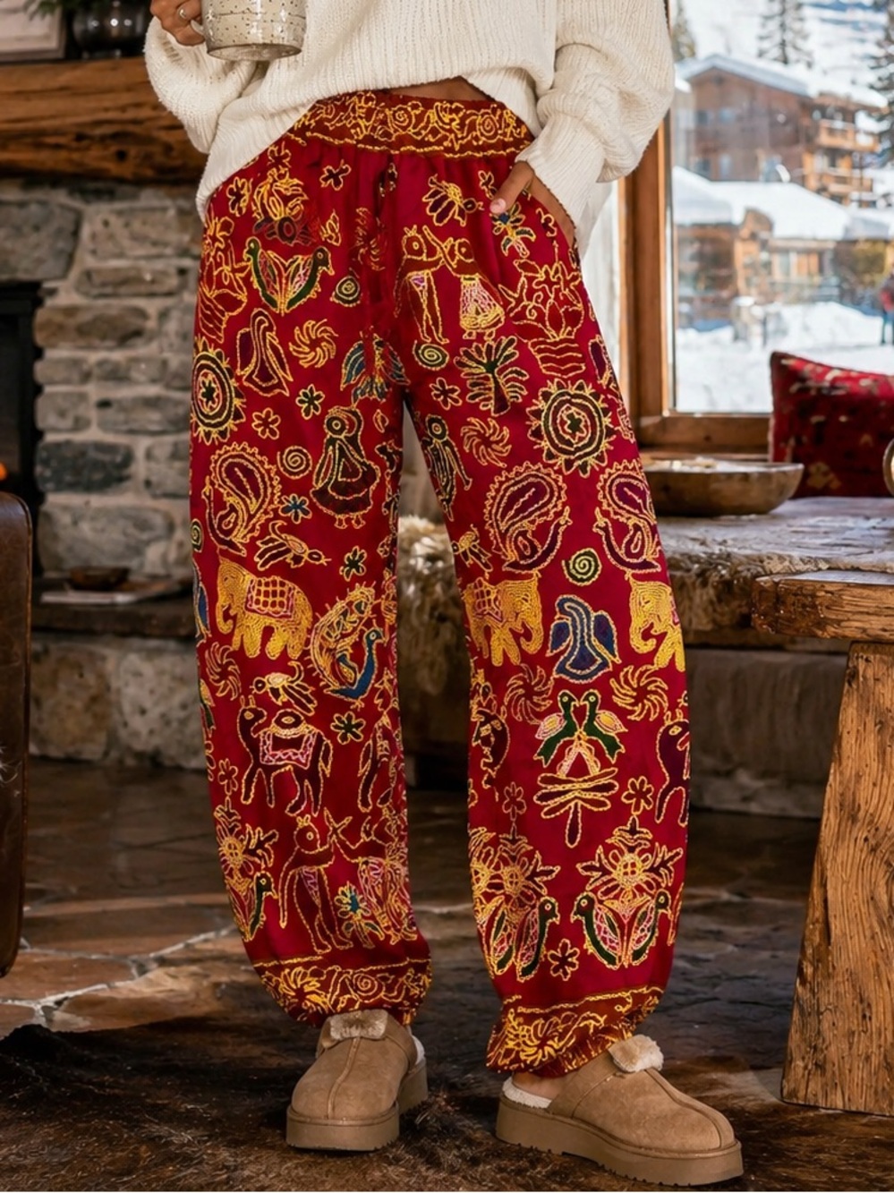 Folk Art Print Pants Boho Elephant Bird Paisley Harem Thailand